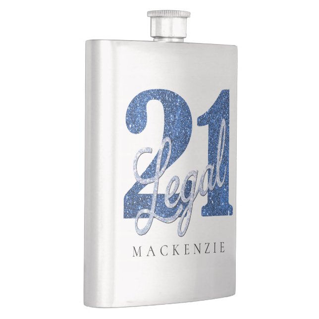 21 and Legal | Blue Faux Glitter 21st Birthday Flask (Right)