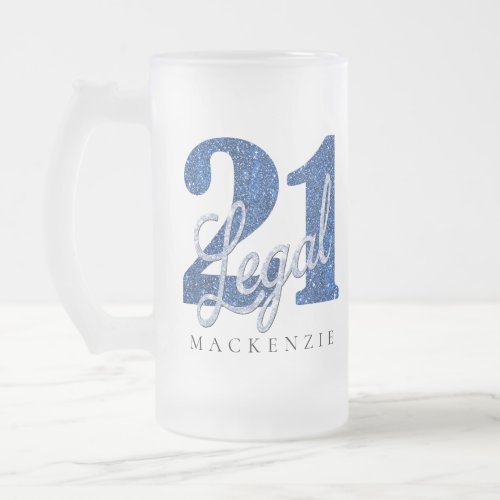 21 and Legal  Blue Faux Glitter 21st Birthday Frosted Glass Beer Mug