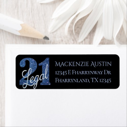 21 and Legal  Blue Faux Glitter 21st Birthday Label