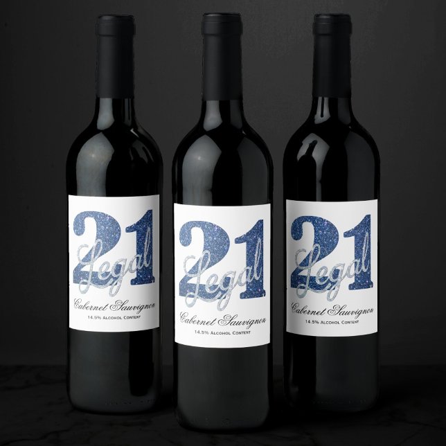 21 and Legal | Blue Faux Glitter 21st Birthday Wine Label (Creator Uploaded)