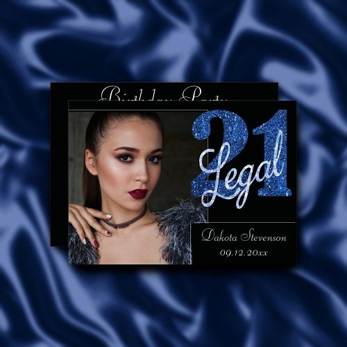 21 and Legal  Blue Faux Glitter Photo Keepsake Invitation