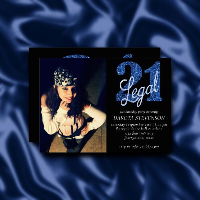 21 and Legal | Blue Faux Glitter Photo Keepsake Invitation (Creator Uploaded)