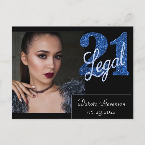 21 and Legal  Blue Faux Glitter Thank You Photo Postcard