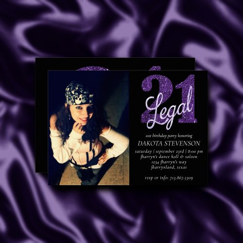 21 and Legal  Faux Purple Glitter Photo Keepsake Invitation