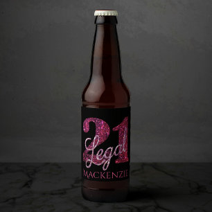 21 and Legal   Fun Pink Faux Glitter 21st Birthday Beer Bottle Label
