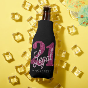 21 and Legal Fun Pink Faux Glitter 21st Birthday Bottle Cooler