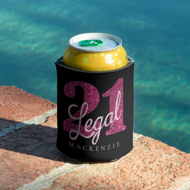 21 and Legal | Fun Pink Faux Glitter 21st Birthday Can Cooler (In Situ Pool)