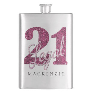 21 and Legal Fun Pink Faux Glitter 21st Birthday Hip Flask
