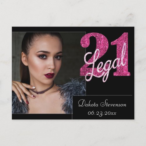 21 and Legal  Fun Pink Faux Glitter 21st Birthday Postcard