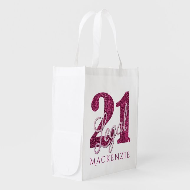 21 and Legal | Fun Pink Faux Glitter 21st Birthday Reusable Grocery Bag (Front Side)