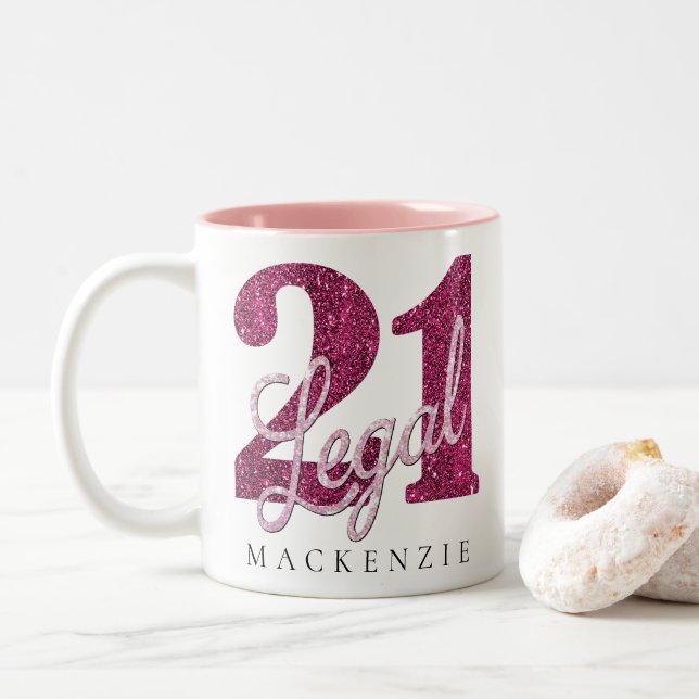 21 and Legal | Fun Pink Faux Glitter 21st Birthday Two-Tone Coffee Mug (With Donut)