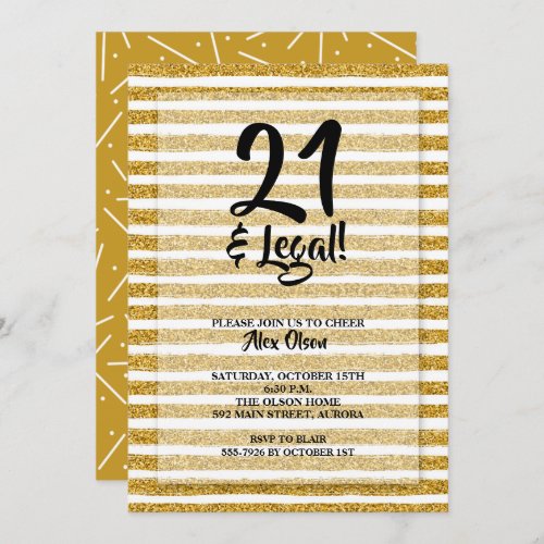 21 and Legal Gold Glitter Stripes Birthday Invitation