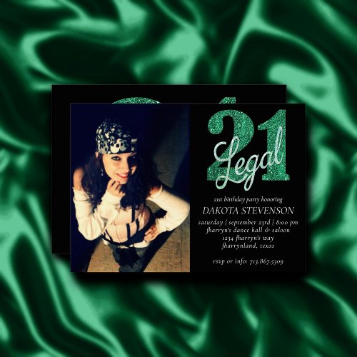 21 and Legal  Green Faux Glitter 21st BDay Photo Invitation