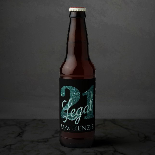 21 and Legal | Green Faux Glitter 21st Birthday Beer Bottle Label (Creator Uploaded)
