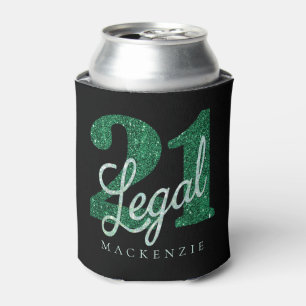 21 and Legal   Green Faux Glitter 21st Birthday Can Cooler