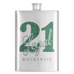 21 and Legal Green Faux Glitter 21st Birthday Flask