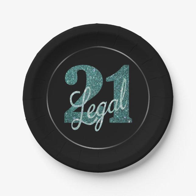 21 and Legal | Green Faux Glitter 21st Birthday Paper Plates (Front)
