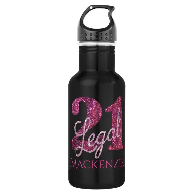 21 and Legal | Pink 21st Birthday Chic Glitter Water Bottle (Front)