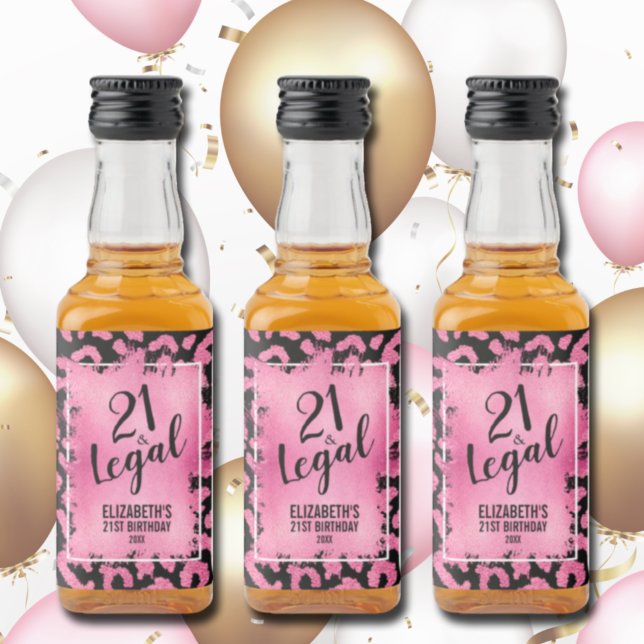 21 and Legal Pink Black Leopard Personalized Mini Liquor Bottle Label (Creator Uploaded)