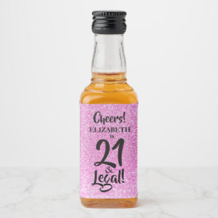 21 and Legal Pink Faux Glitter Custom Mini Liquor Bottle Label