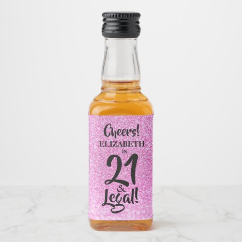 21 and Legal Pink Faux Glitter Custom Mini Liquor Bottle Label