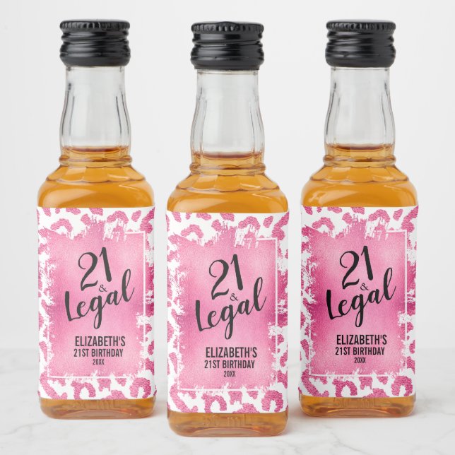 21 and Legal Pink White Leopard Personalized Mini Liquor Bottle Label (Bottles)