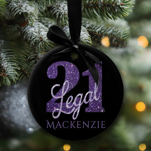 21 and Legal   Purple Faux Glitter 21st Birthday Ceramic Ornament