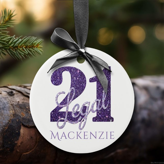 21 and Legal | Purple Faux Glitter 21st Birthday Ceramic Ornament (Creator Uploaded)