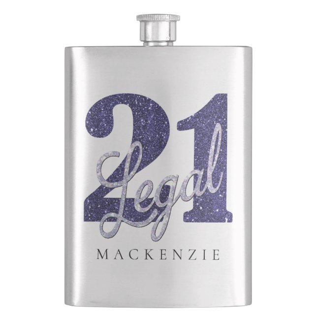 21 and Legal | Purple Faux Glitter 21st Birthday Flask (Front)