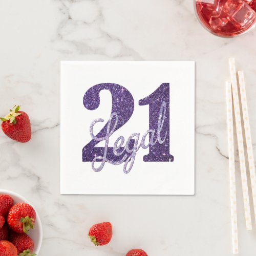 21 and Legal  Purple Faux Glitter 21st Birthday Napkins