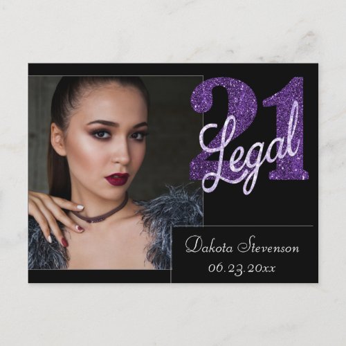 21 and Legal  Purple Faux Glitter 21st Birthday Postcard