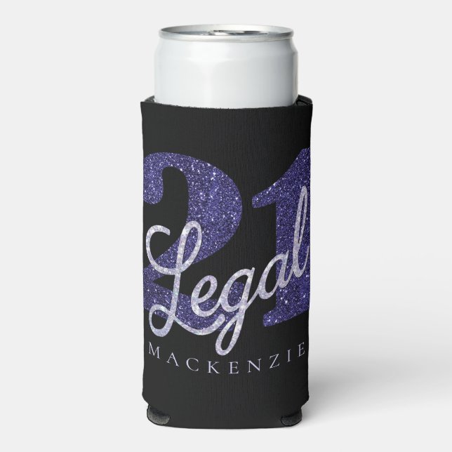 21 and Legal | Purple Faux Glitter 21st Birthday Seltzer Can Cooler (Seltzer Front)