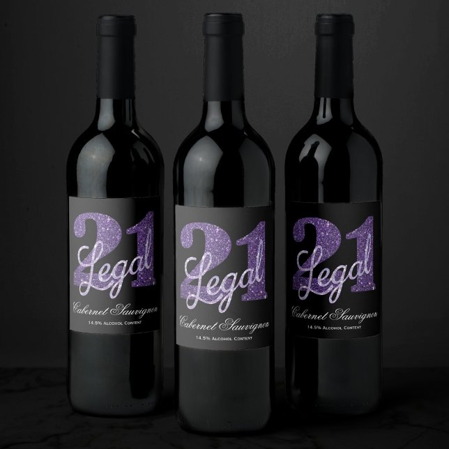 21 and Legal | Purple Faux Glitter 21st Birthday Wine Label (Creator Uploaded)