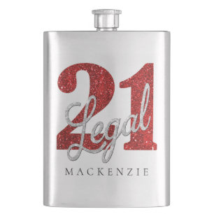 21 and Legal Red Faux Glitter 21st Birthday Flask