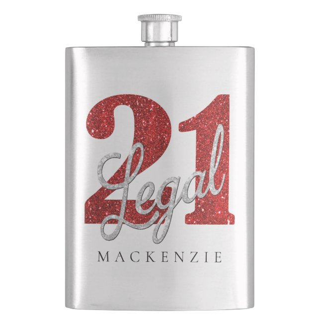 21 and Legal | Red Faux Glitter 21st Birthday Flask (Front)