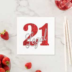 21 and Legal Red Faux Glitter 21st Birthday Napkins