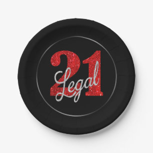 21 and Legal Red Faux Glitter 21st Birthday Paper Plates
