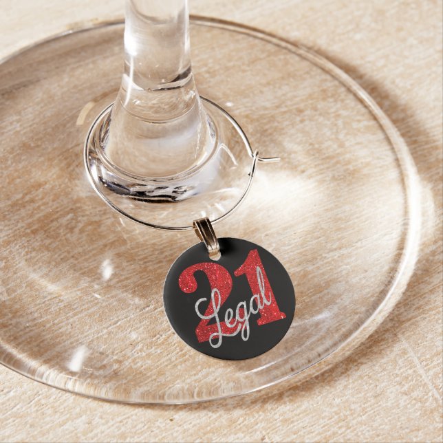 21 and Legal | Red Faux Glitter 21st Birthday Wine Charm (In Situ)