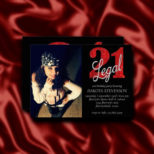21 and Legal  Red Faux Glitter Photo Keepsake Invitation