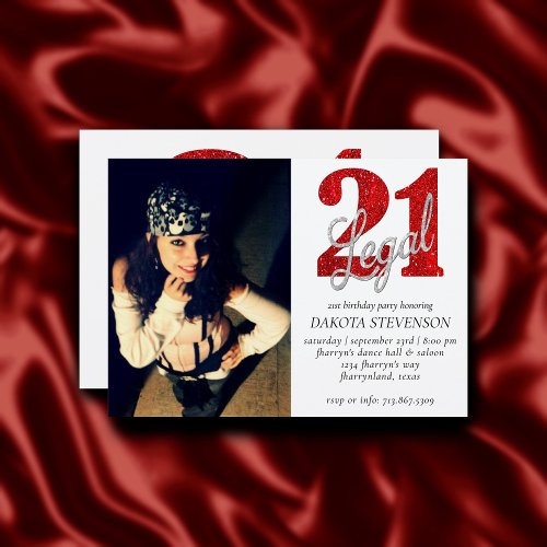 21 and Legal  Red Faux Glitter Photo Keepsake Invitation