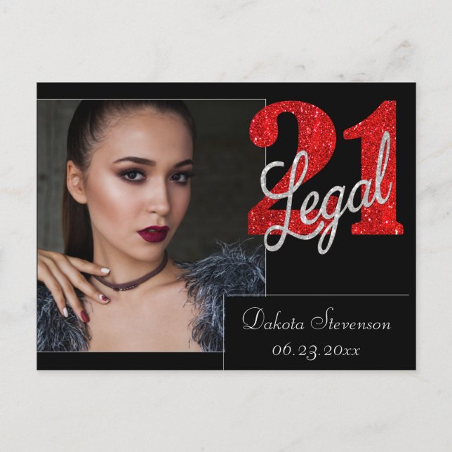 21 and Legal | Red Faux Glitter Photo Thank You Postcard (Front)