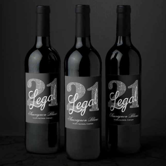 21 and Legal | Silver Faux Glitter 21st Birthday Wine Label (Creator Uploaded)