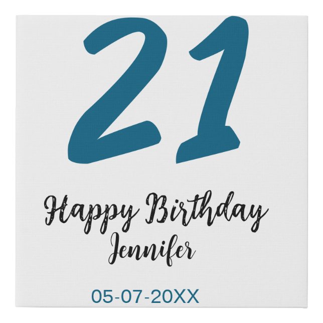 21 birthday bold blue letter simple minimal faux canvas print (Front)