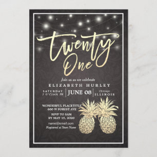 21 Birthday Party Chic Black Gold Pineapple Couple Invitation