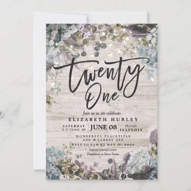 21 Birthday Party Floral String Lights Rustic Wood Invitation (Front)