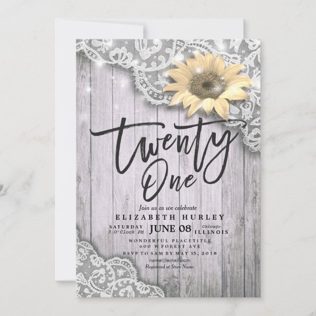 21 Birthday Party Lace Sunflower String Light Wood Invitation (Front)