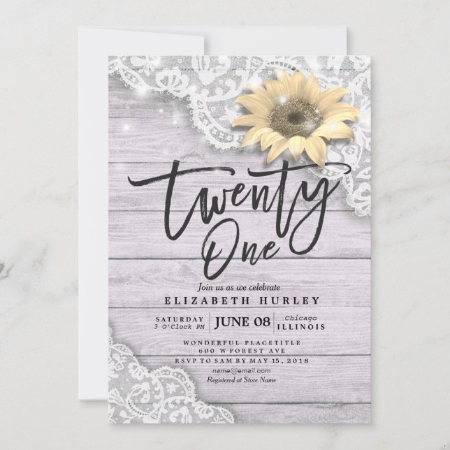 21 Birthday Party Lace Sunflower String Light Wood Invitation (Front)