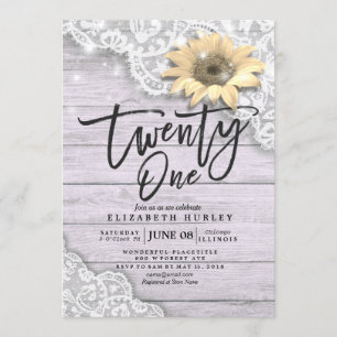 21 Birthday Party Lace Sunflower String Light Wood Invitation