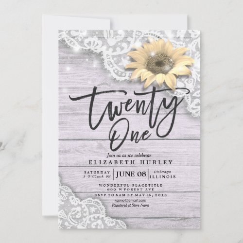 21 Birthday Party Lace Sunflower String Light Wood Invitation