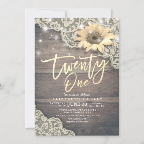 21 Birthday Party Lace Sunflower String Light Wood Invitation